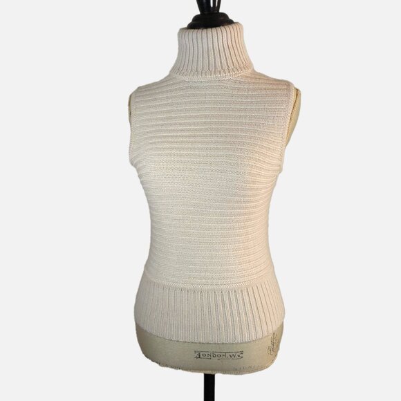 MODA International Ribbed Sleeveless Cream-Colored Turtleneck Sweater - M - Picture 1 of 10